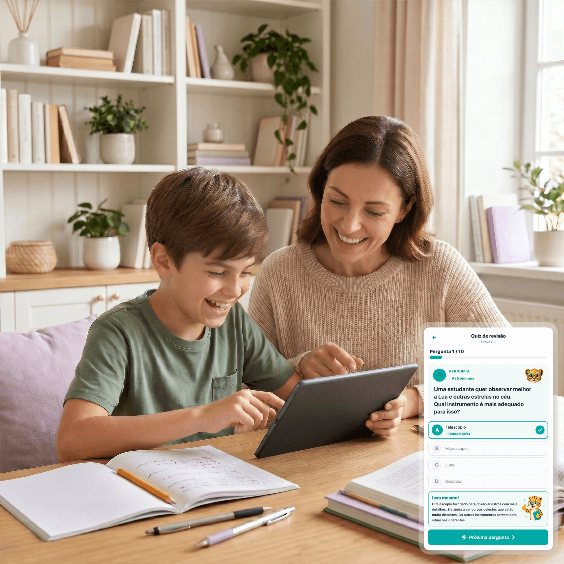 Família usando o app de estudos Raizá para revisão escolar com quizzes