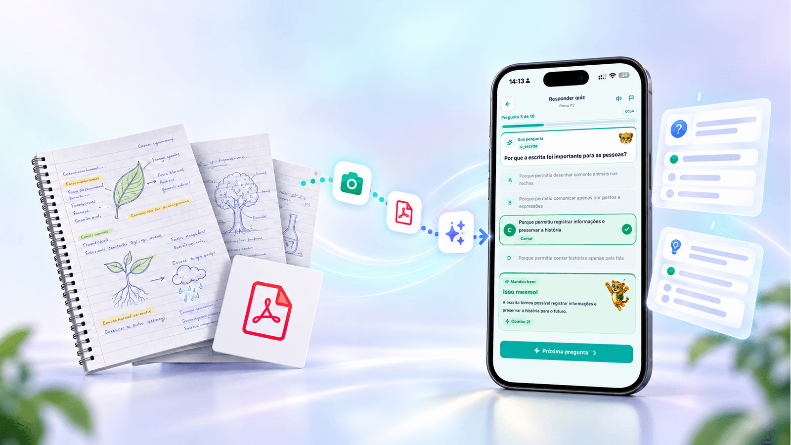Foto do material escolar sendo transformado em quiz no app Raizá