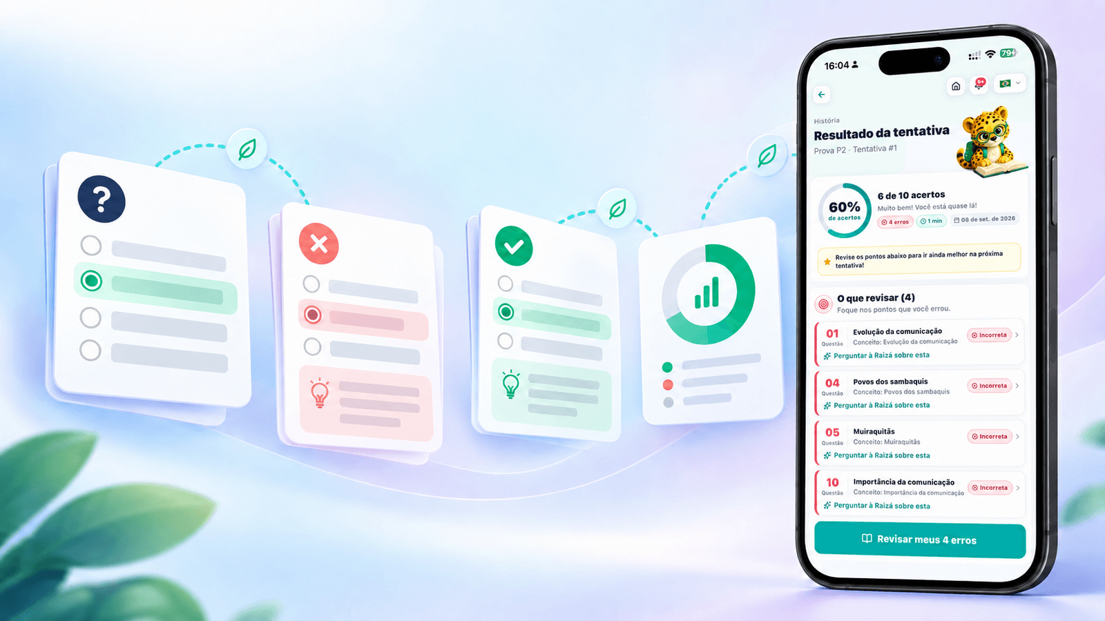 Capa do app de estudos Raizá para revisão com o material da escola