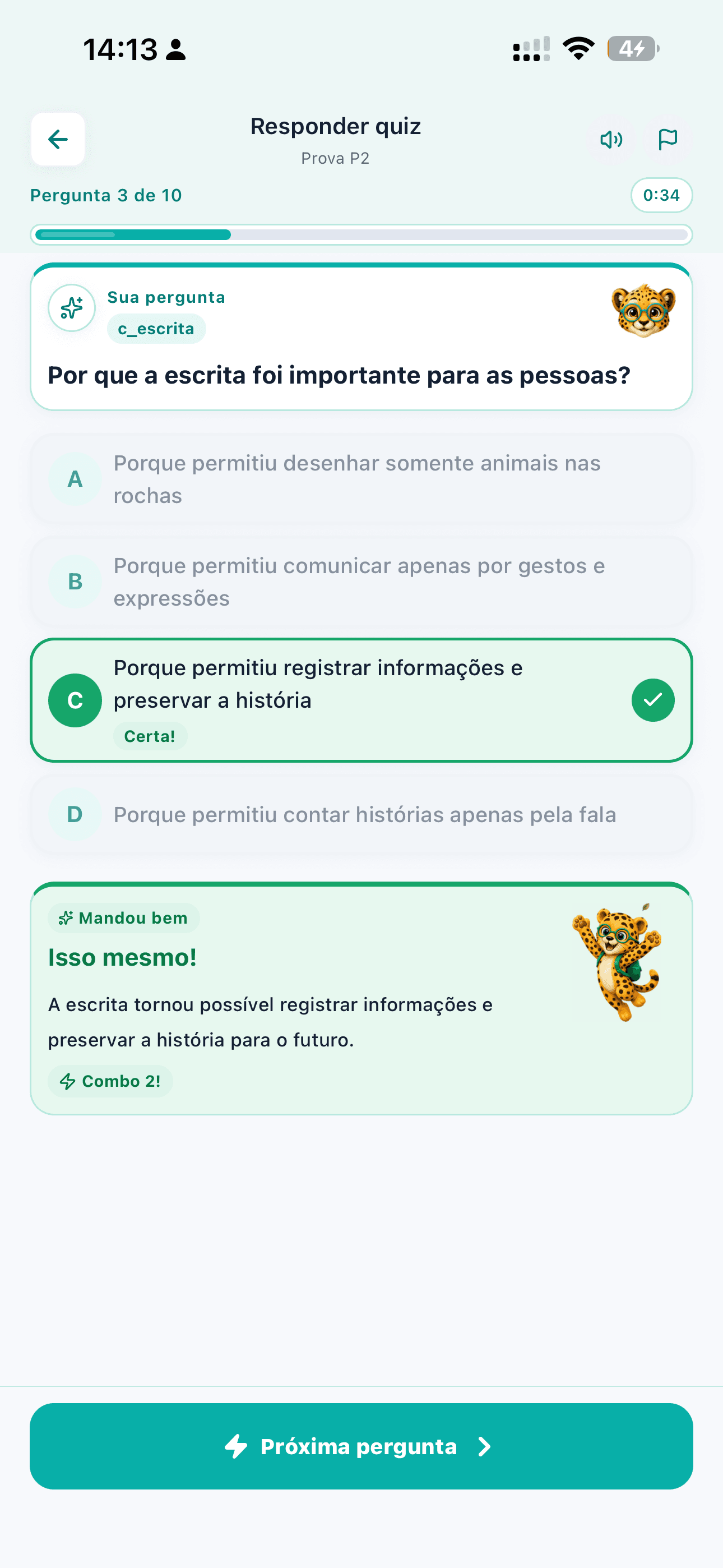 Criança respondendo quiz de estudo ativo no app Raizá