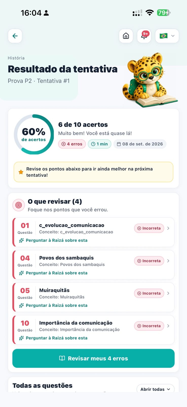 Resultado do quiz com acertos, erros e pontos para revisar